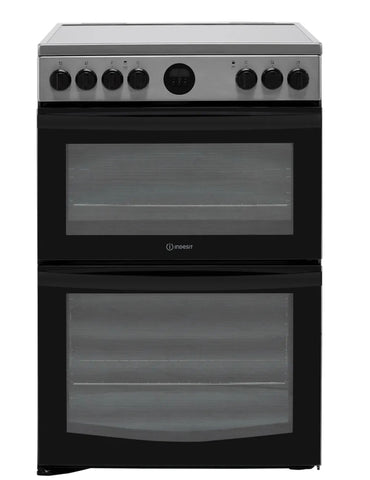 Indesit 60cm Double Oven Electric Cooker with Ceramic Hob - Silver
